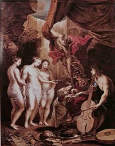 Воспитание королевы. Гравюра по меди. 1708. Гравер Жан Батист Массе по рисунку Ж.М.Натье, однако, придумал все это Рубенс (на гравюре есть подлинная надпись «Rubens pinxit» - «Рубенс написал»)