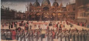 Фото. Джентиле Беллини. Крестный ход с частицами Святого Креста Господня на Пьяцце (площади) Сан-Марко в Венеции. 1496