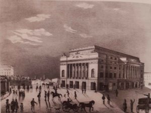 Александринский театр в Петербурге. Литография А.Е.Мартынова. 1830-ые годы