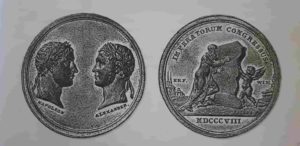 Памятная французская медаль «Эрфуртский конгресс 1808 года». Лицевая и оборотная стороны 