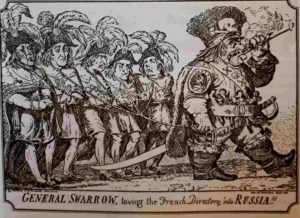 Генералиссимус Суворов тащит на веревке пятерых членов Директории. Английская карикатура 1799