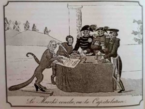 Капитуляция Парижа. 1815. Талейран – в виде лисы, как всегда с очаровательной головкой, маршал Мармон – в виде кота