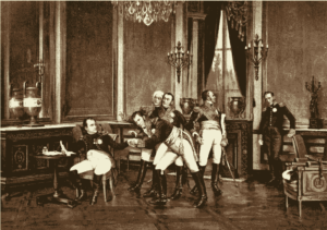 Первое отречение Наполеона 6 апреля 1814 в Фонтенбло, когда наполеоновский министр иностранных дел Талейран вел переговоры с Александром I, смазливое личико Талейрана виднеется на картине (третий слева)