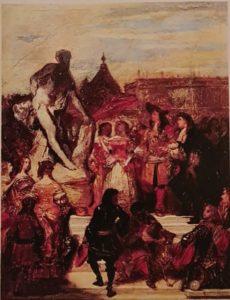 Ежен Деверия (1805-1865). Пюже представляет «Милона Кротонского» Людовику XIV в садах Версаля». Эскиз. Это чистой воды вранье или «фэнтэзи», поскольку в это время Пюже не был в Версале. Но этот художник – романтик, вот и размечтался, а его коллега Эжен  Делакруа - так тот прославился своей топлес «Свободой, ведущей народ», тоже фэнтэзи