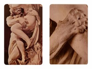 Справа: Милон Кротонский. 1682. Фрагмент. Слева: Бернини. Похищение Прозерпины. 1621-1622. Галерея Боргезе. Рим. Фрагмент