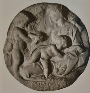 Микеланджело. Мадонна с младенцем. (Тондо Таддеи). Возможно, 1504-1506. 109 см диаметр. Королевская Академия художеств. Лондон