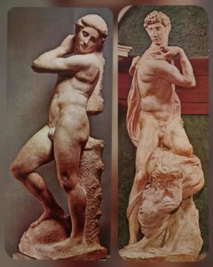 Микеланджело. Слева: Давид-Аполлон. Около 1525-1540. Национальный музей Барджелло. Флоренция.  Справа: Победа. 1532-1534. Палаццо Веккио 